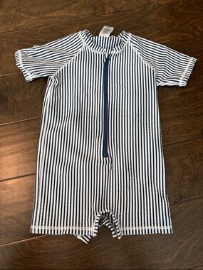 Kids Navy & White Stripe One-Piece Swimsuit with Front Zip
